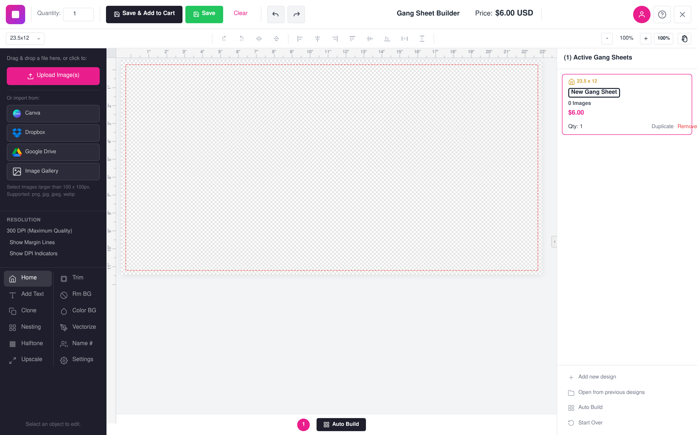 Gang Sheet Builder drag-and-drop editor with design on canvas